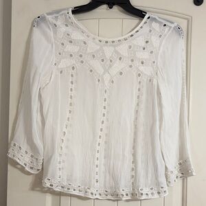 Joie White Embroidered Crochet-Detail Sheer Blouse Size L
